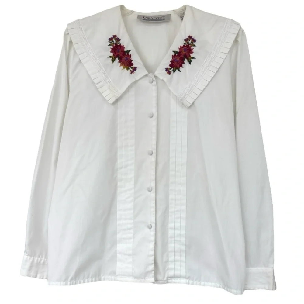 Vintage Victorian Blouse Embroidered Collar Button Front White Rose Red Size 8